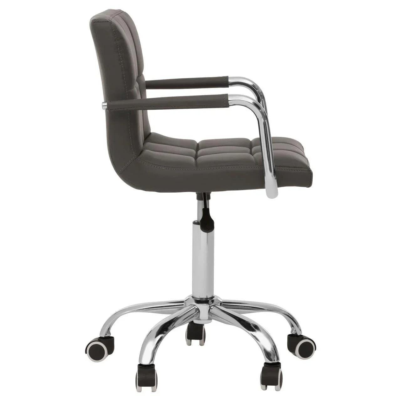 Grey office chair with cushioned seat, chrome armrests and base, side view on castors