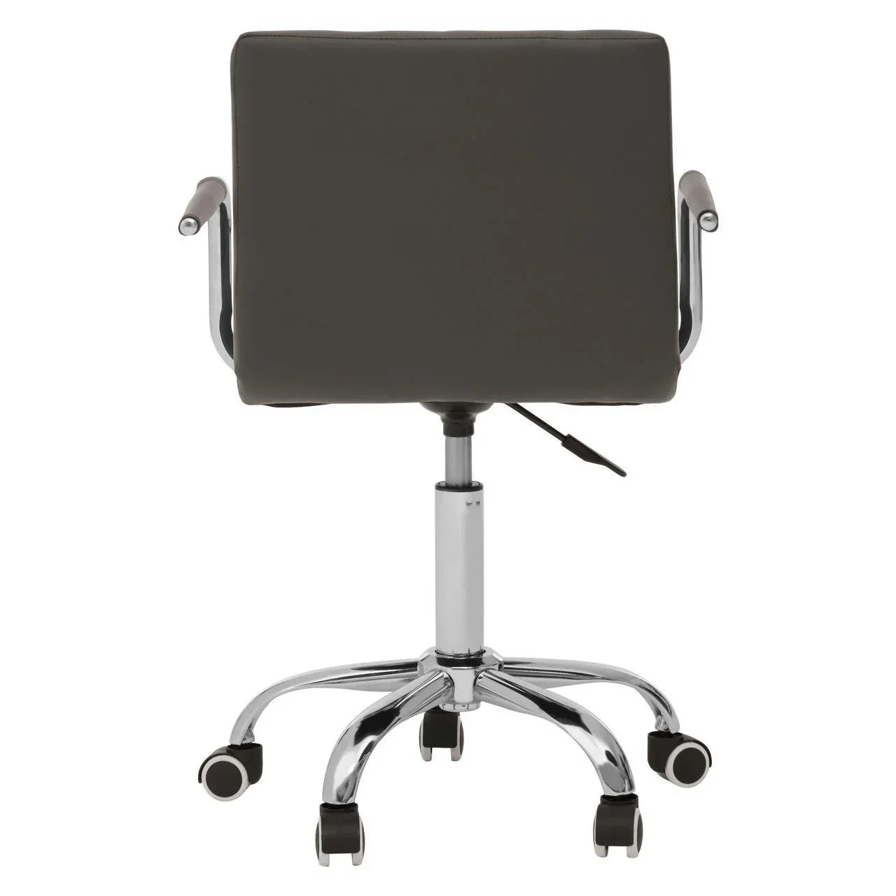 Rear view of grey office chair with chrome base and caster wheels