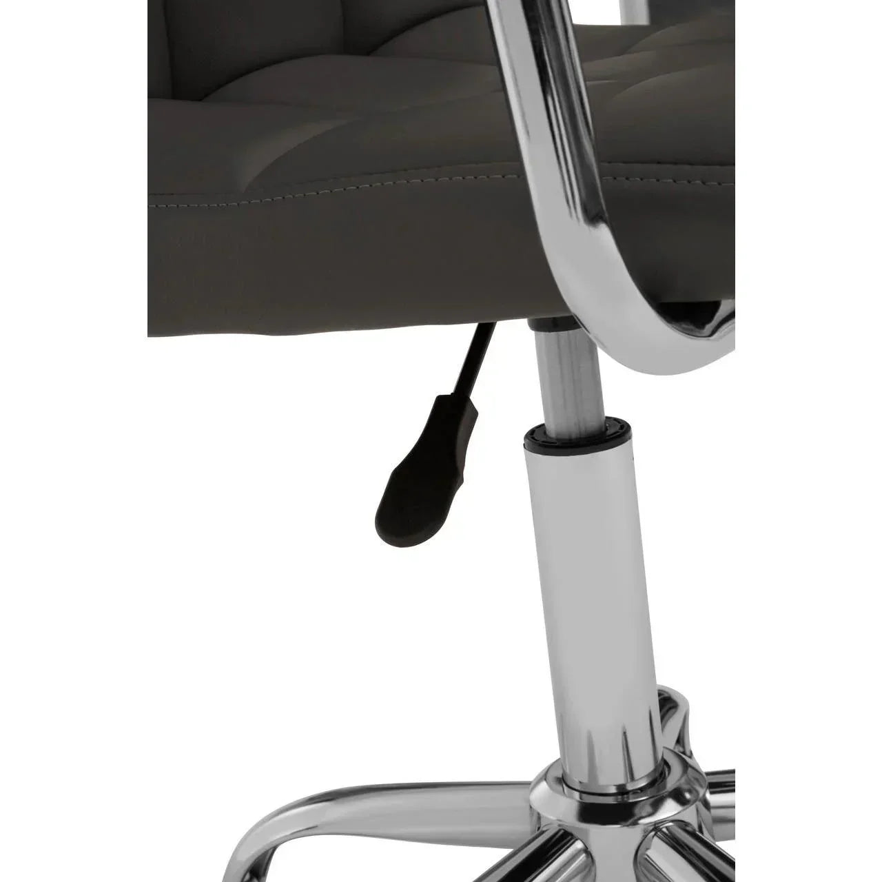 Grey office chair height adjust lever and chrome base close-up