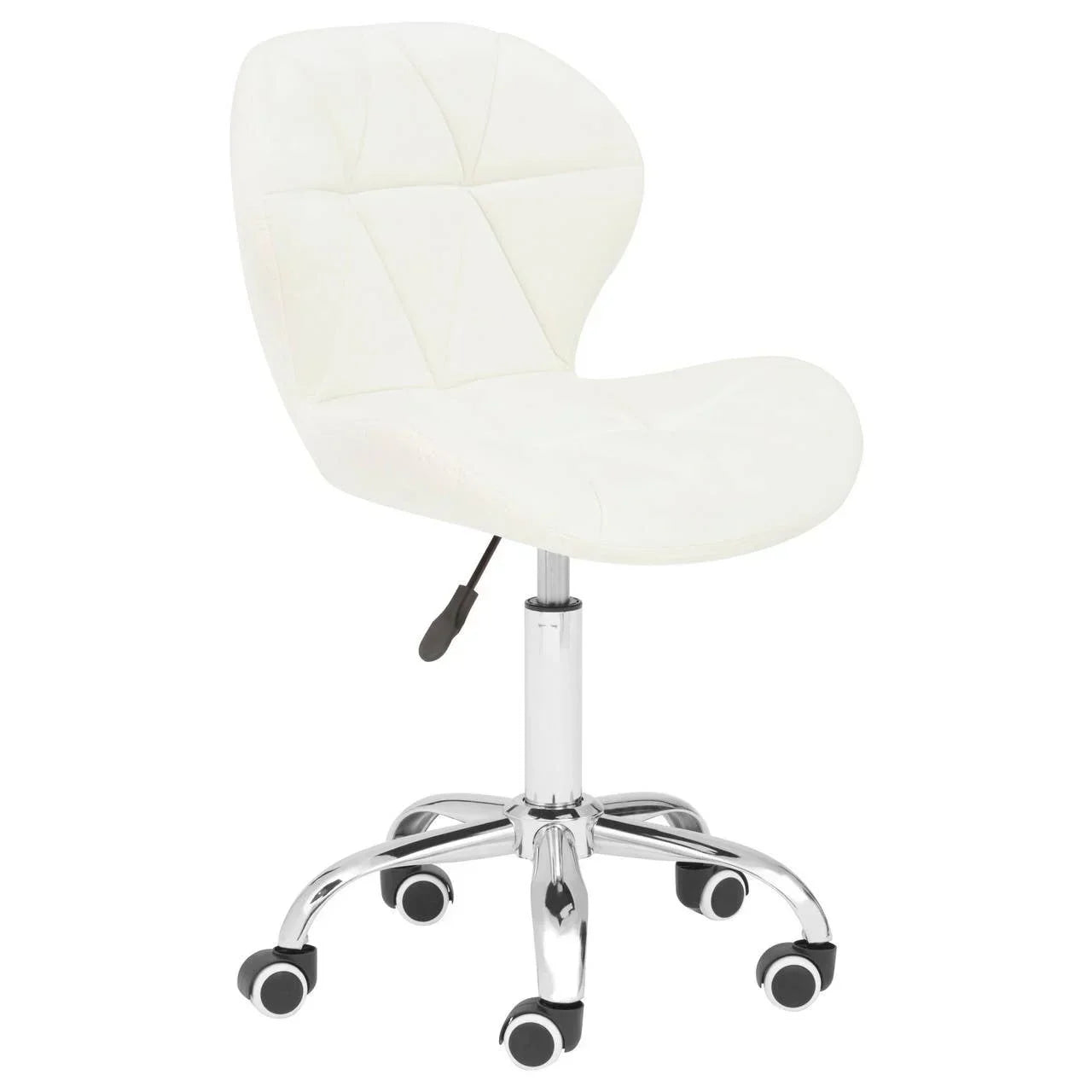 White office chair with curved seat, chrome base, and five caster wheels