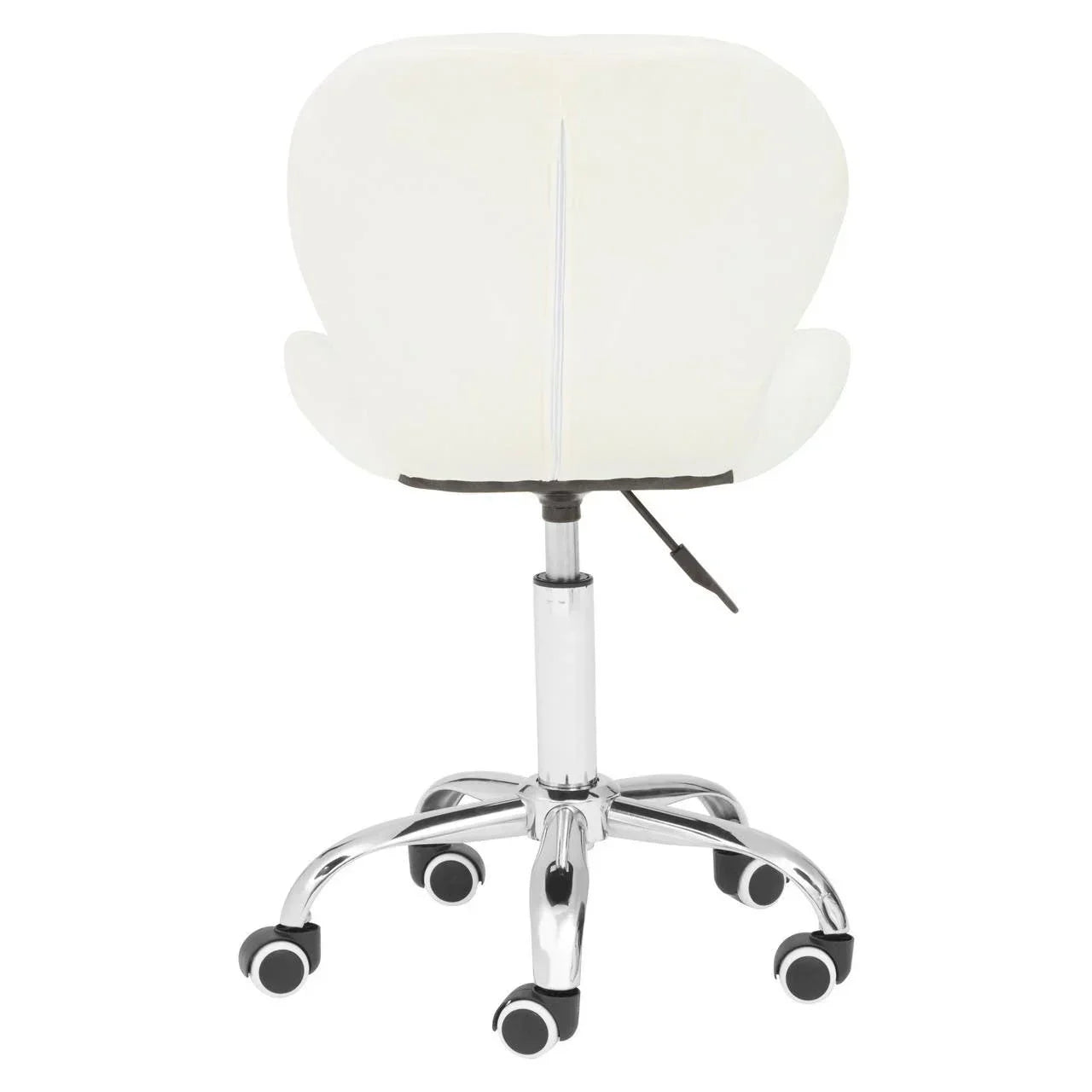 White office chair with chrome base and wheels, rear view showing adjustable lever