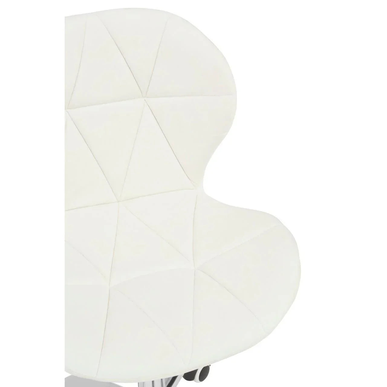 White office chair with geometric stitched backrest, chrome base partially visible