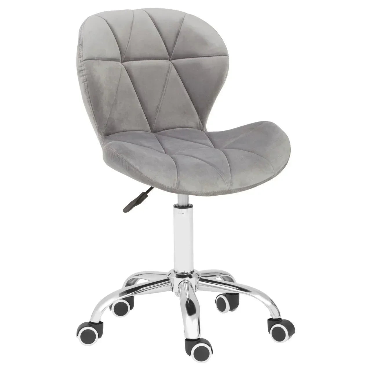 Grey velvet office chair with curved backrest and chrome base on casters