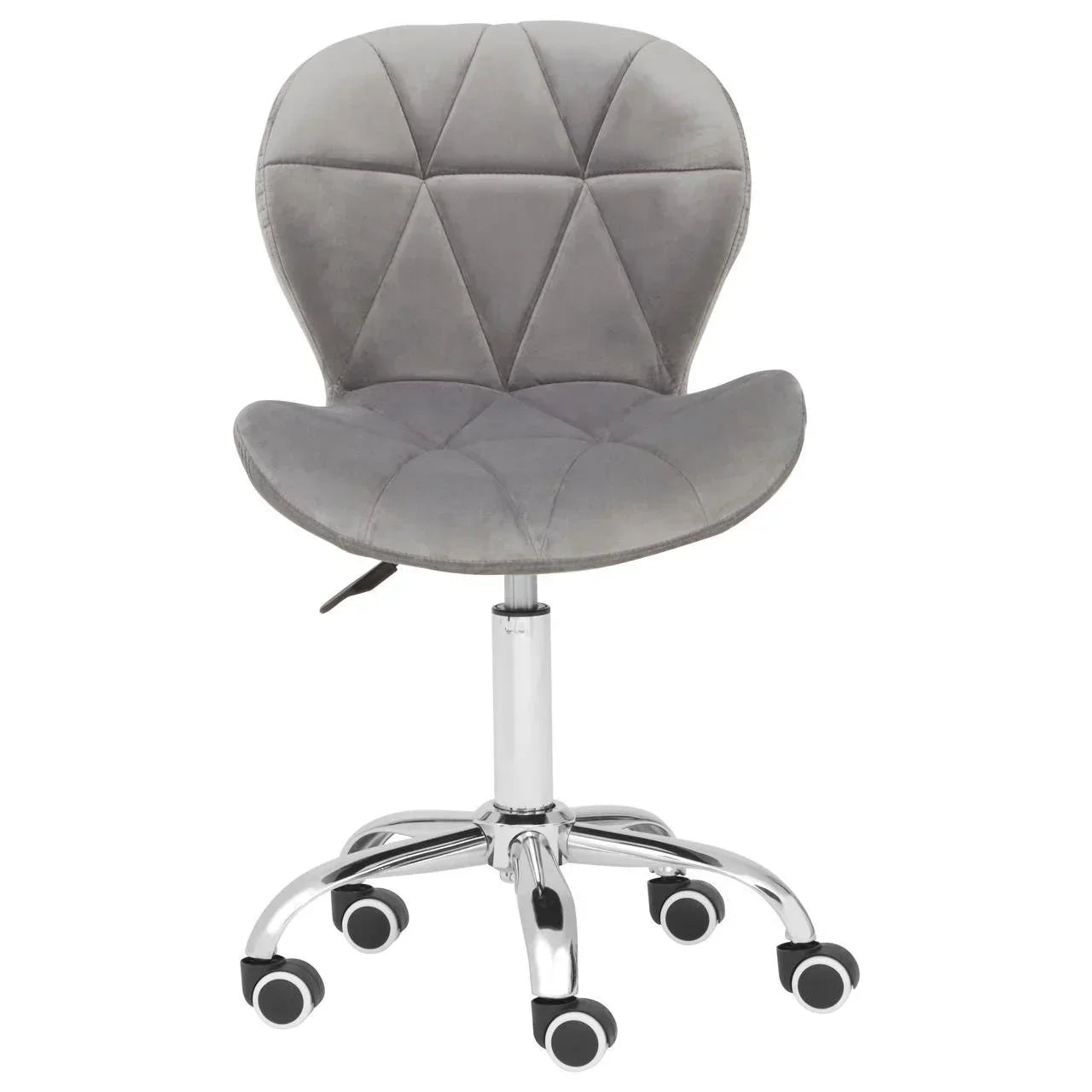 Grey velvet office chair with chrome base and five caster wheels, front view