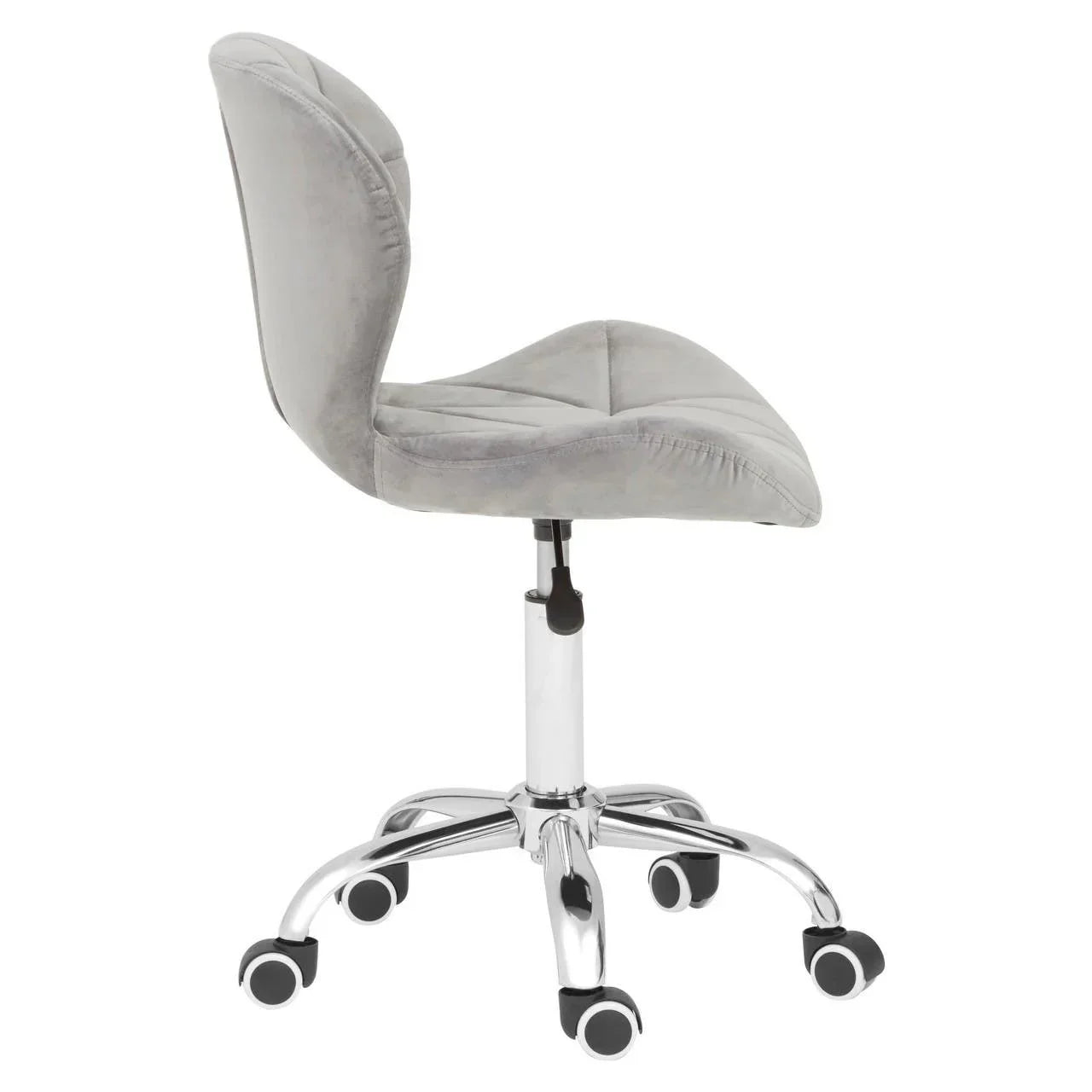 Grey velvet office chair with chrome base and casters, side view
