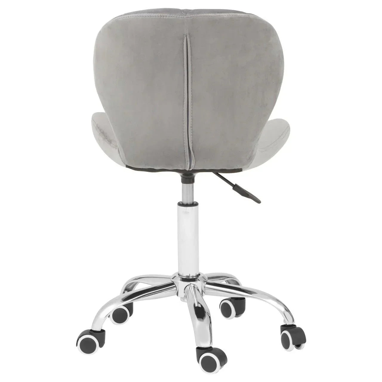 Grey velvet office chair with chrome base and wheels, rear view showing adjustable height lever