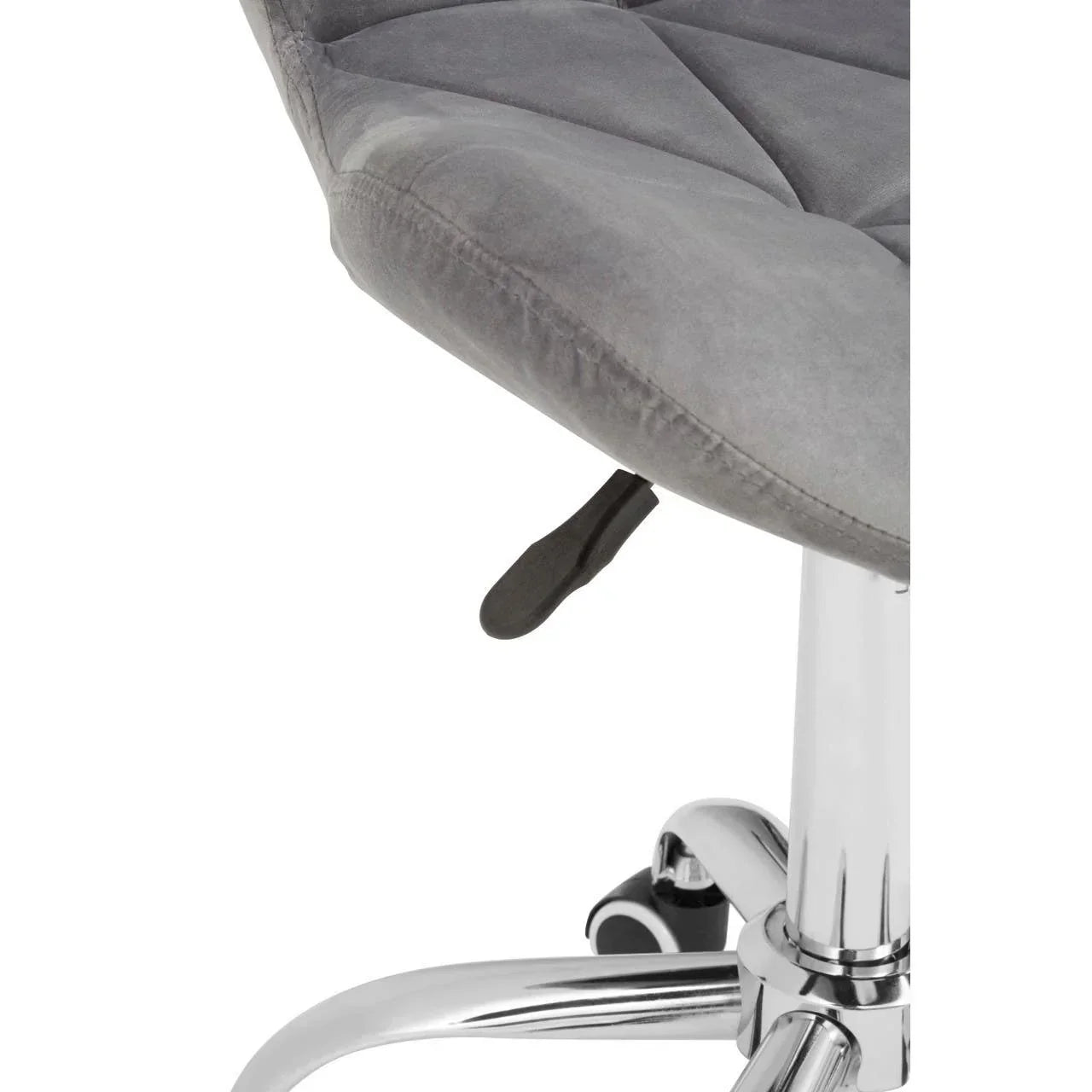 Grey fabric swivel chair seat with chrome base and height adjustment lever