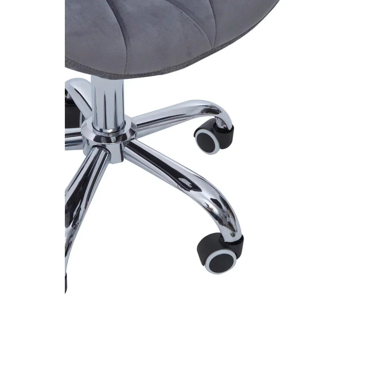 Chrome office chair base with casters and grey upholstered seat corner
