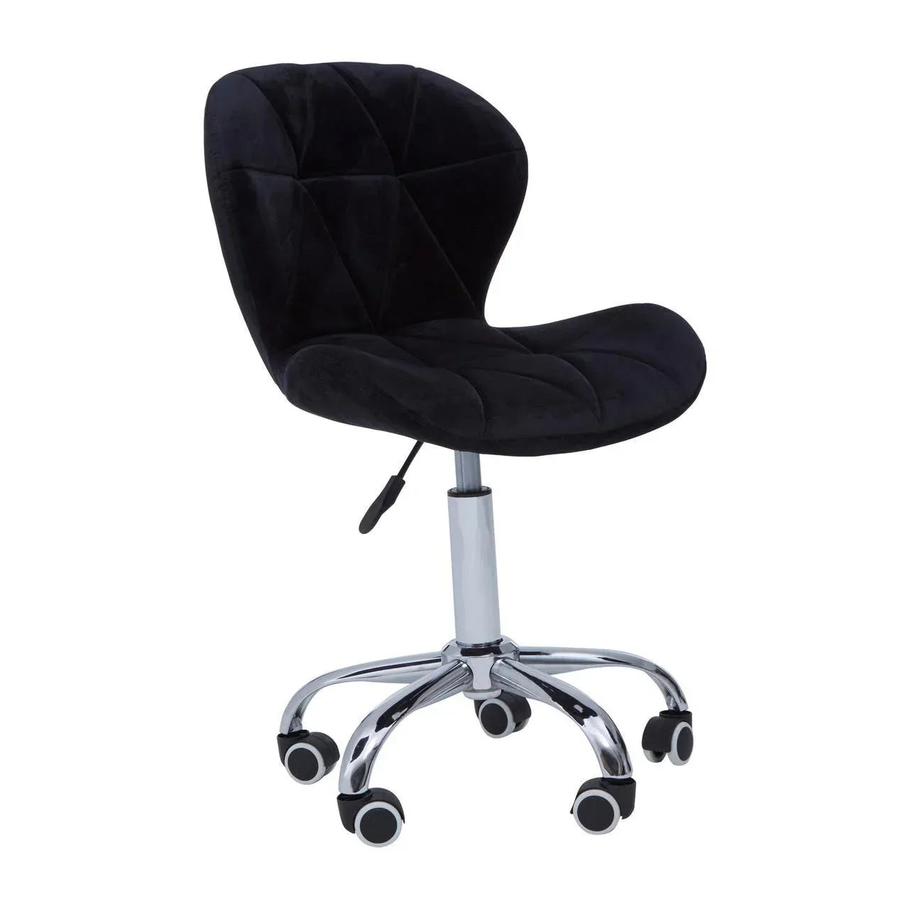 Black velvet office chair with chrome base and five wheels, side view