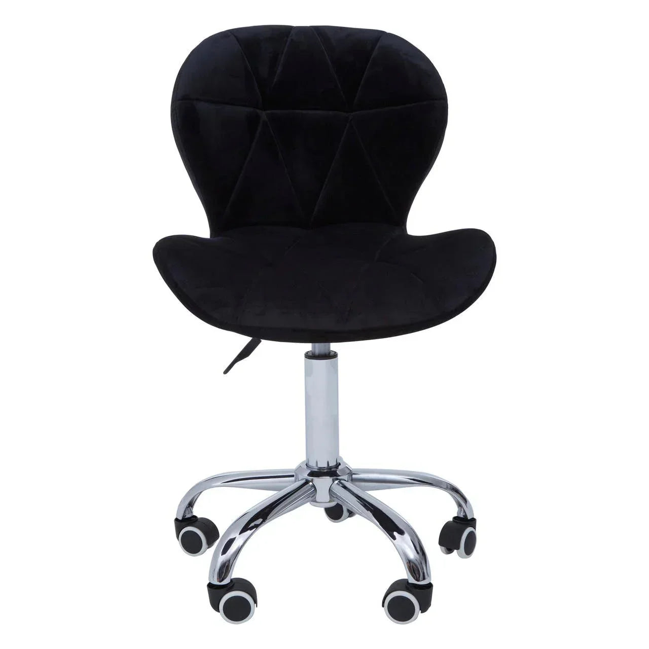 Black velvet office chair with chrome base and castor wheels, front view