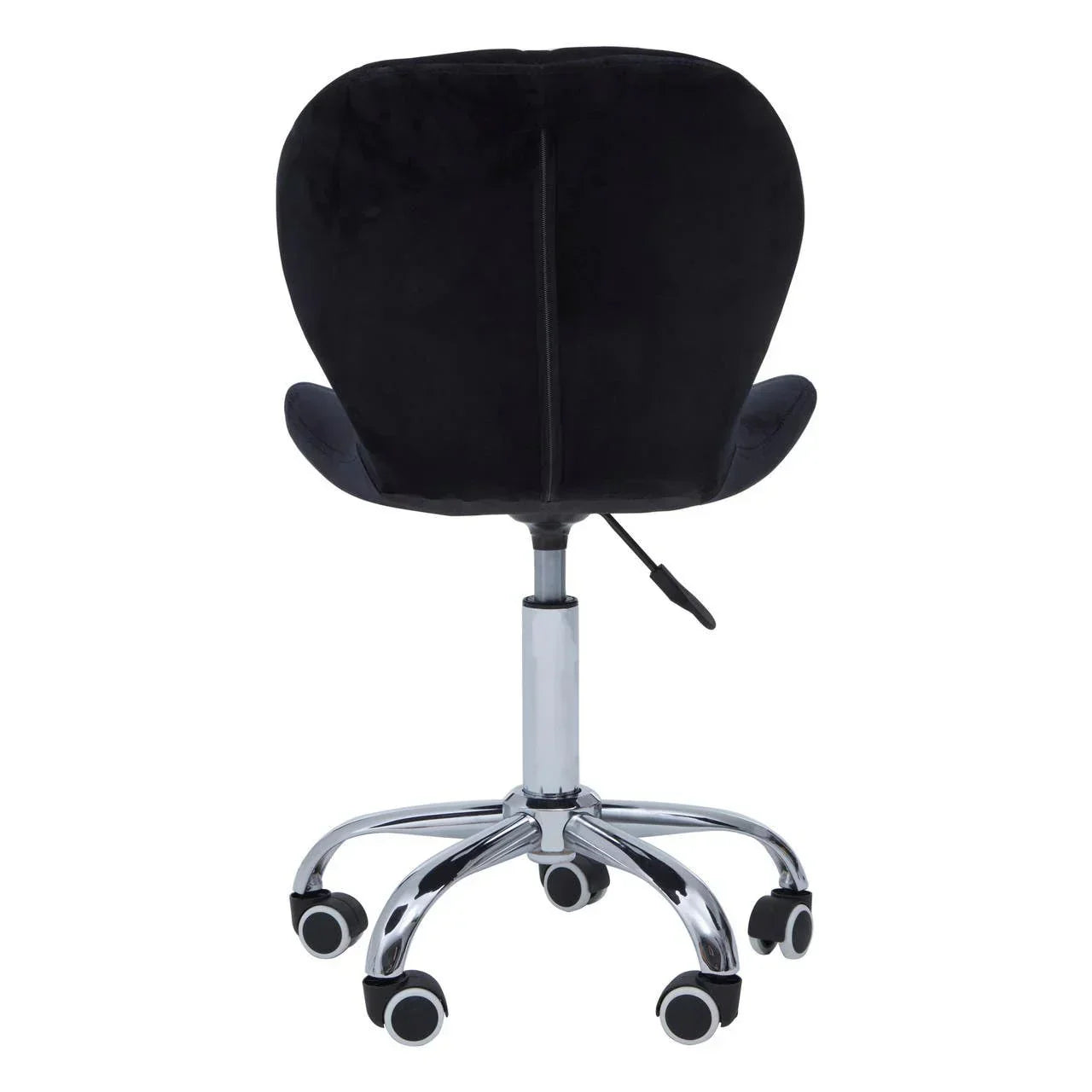 Black velvet office chair with chrome base and wheels, rear view