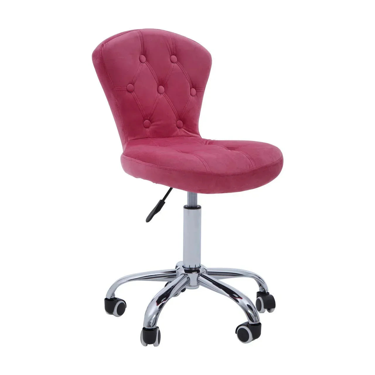 Pink velvet office chair with tufted backrest and chrome base on castor wheels