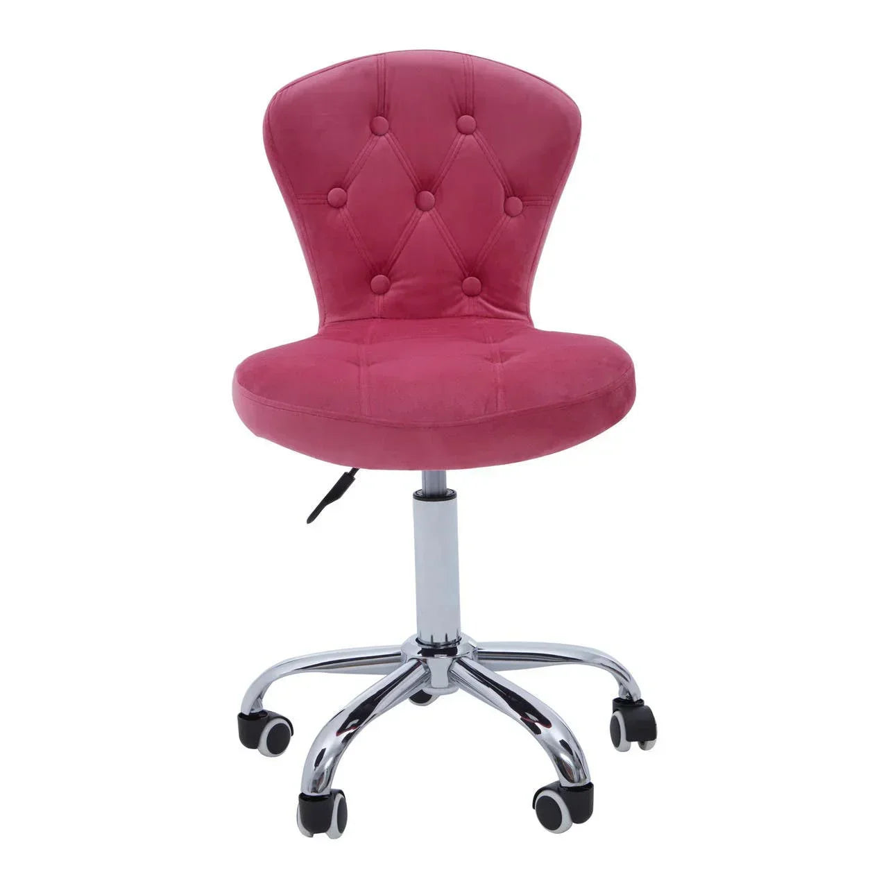 Pink velvet office chair with button-tufted backrest and chrome swivel base on casters