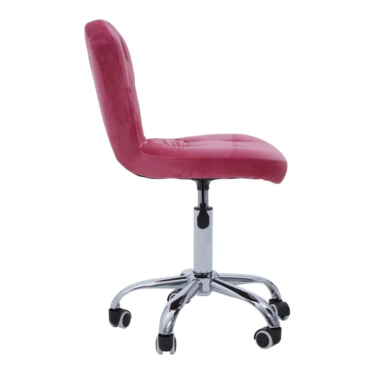 Pink velvet office chair with chrome base and castor wheels, side view