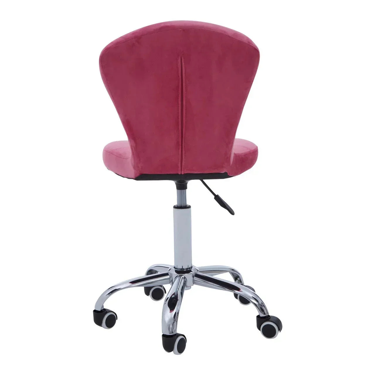 Pink velvet office chair with chrome base and height adjustment lever, rear view