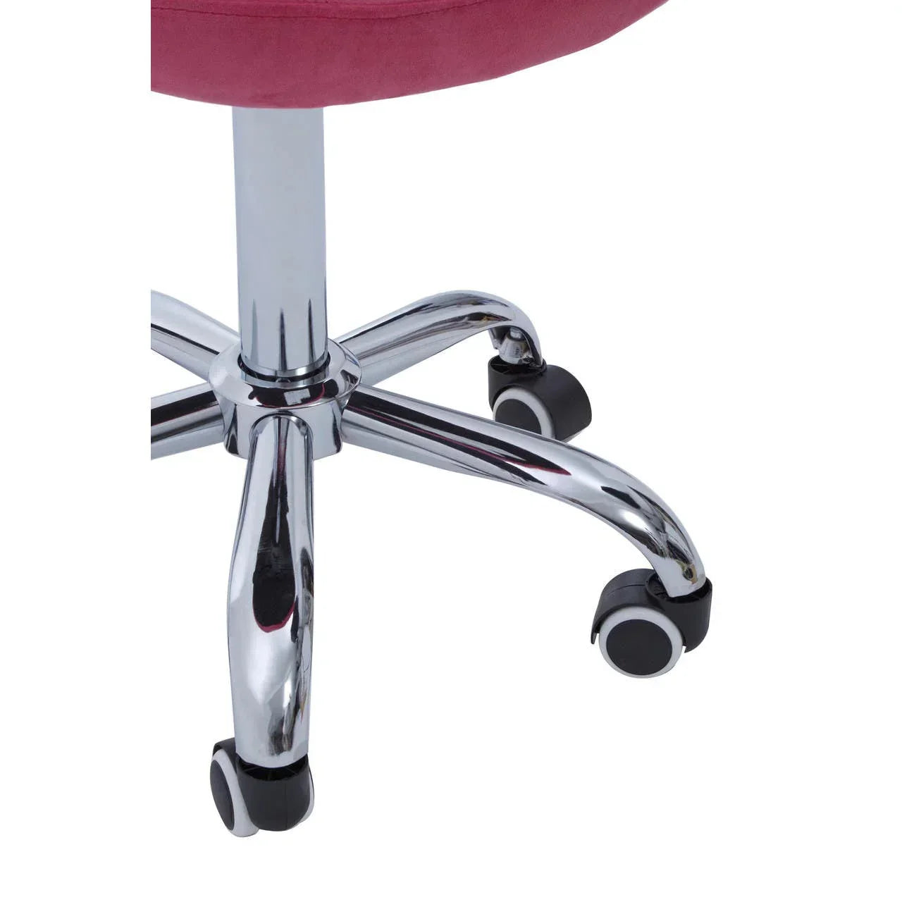 Chrome office chair legs with caster wheels and pink upholstered seat close-up