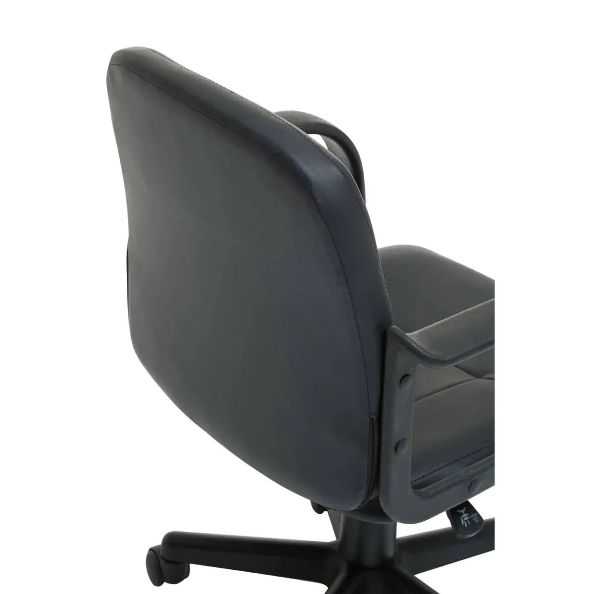 Black office chair with padded backrest and armrests, rear angle view