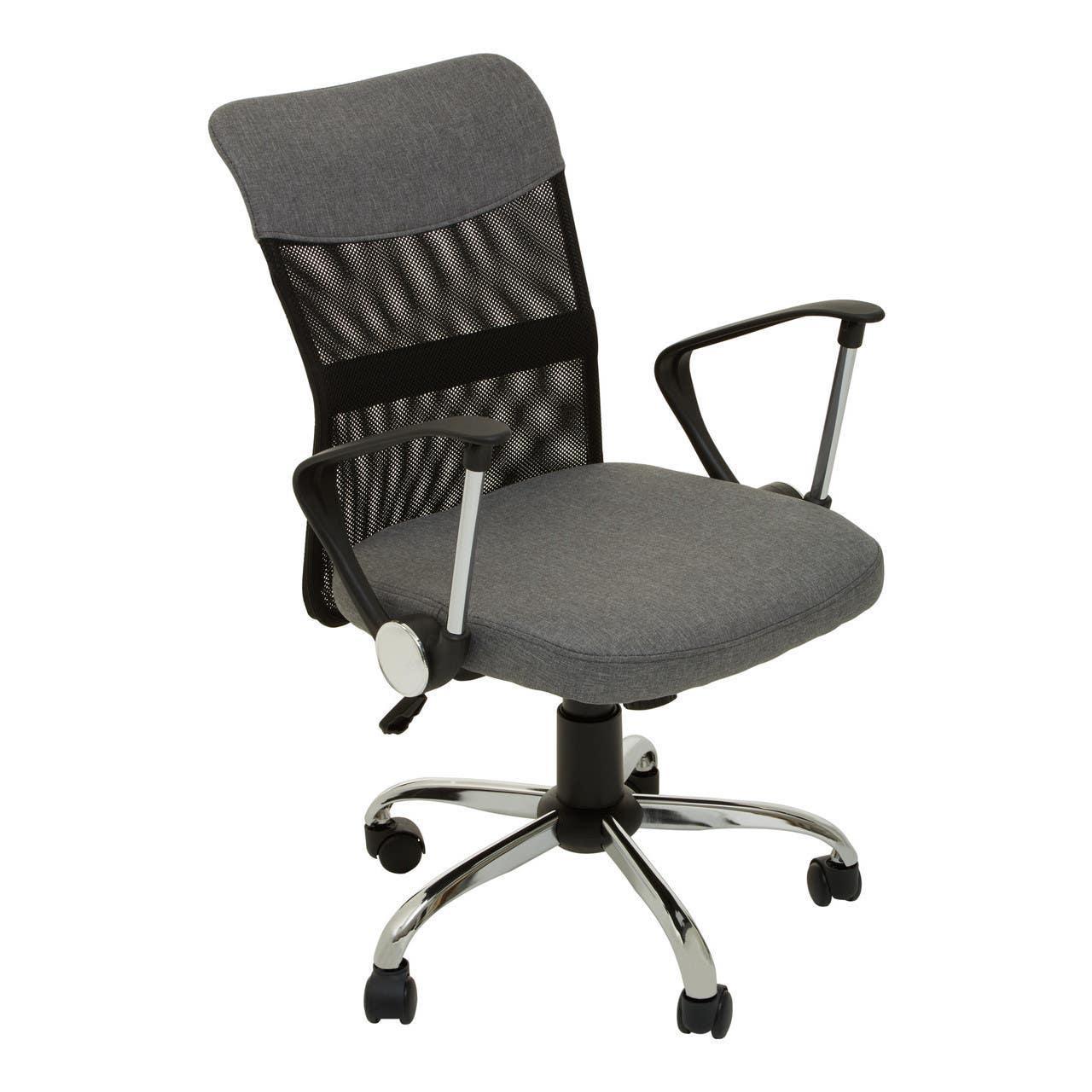 Grey office chair with mesh back, padded seat and chrome base on casters