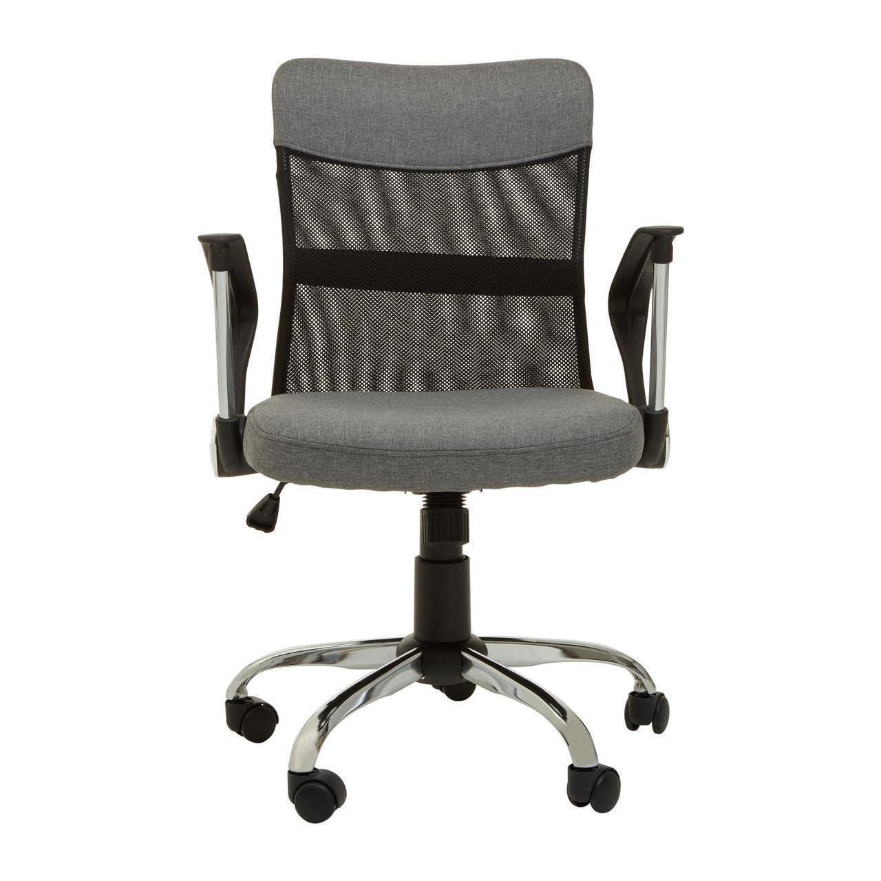 Grey mesh office chair with padded seat, black armrests and chrome swivel base