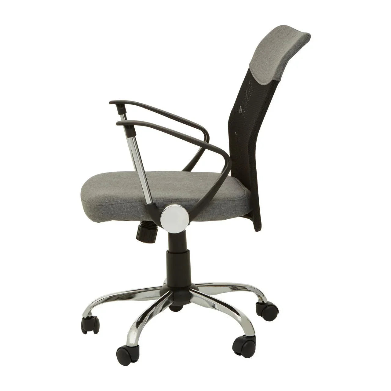 Grey office chair with mesh back, chrome base and armrests, side profile view