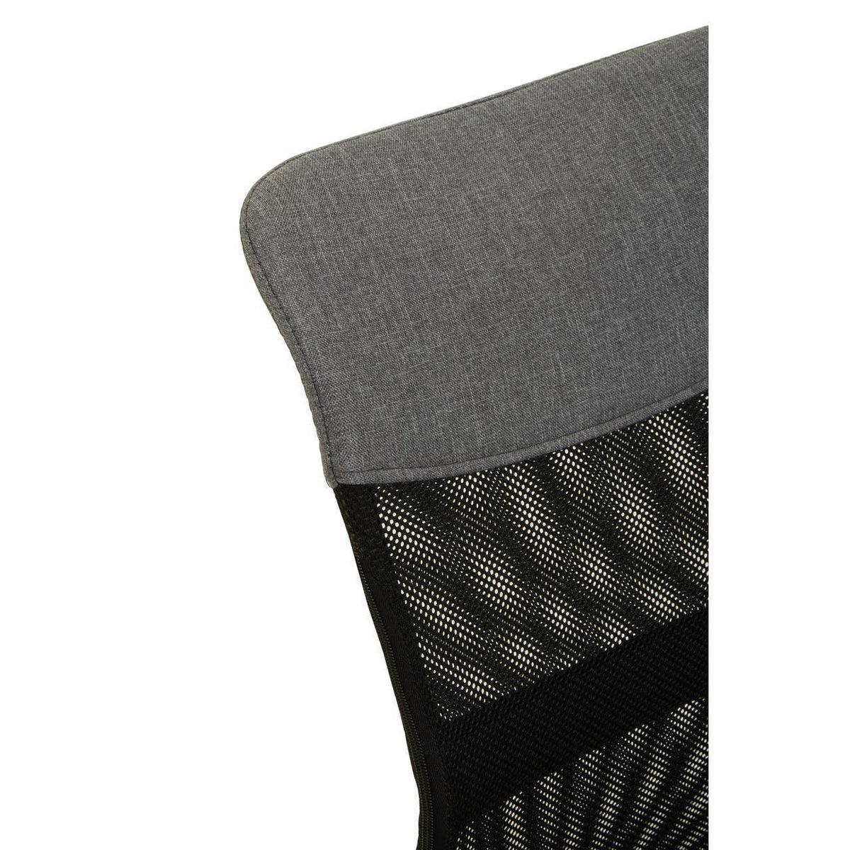 Closeup of mesh backrest and grey fabric headrest on ergonomic office chair