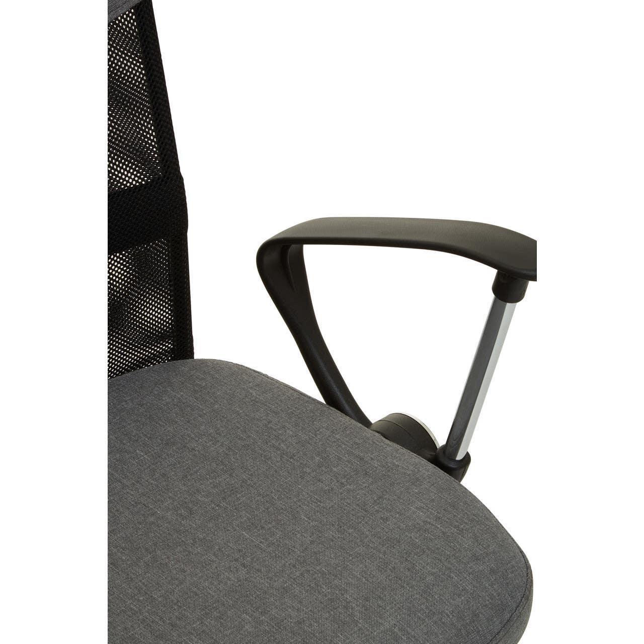 Mesh office chair with grey fabric seat and adjustable black armrest closeup