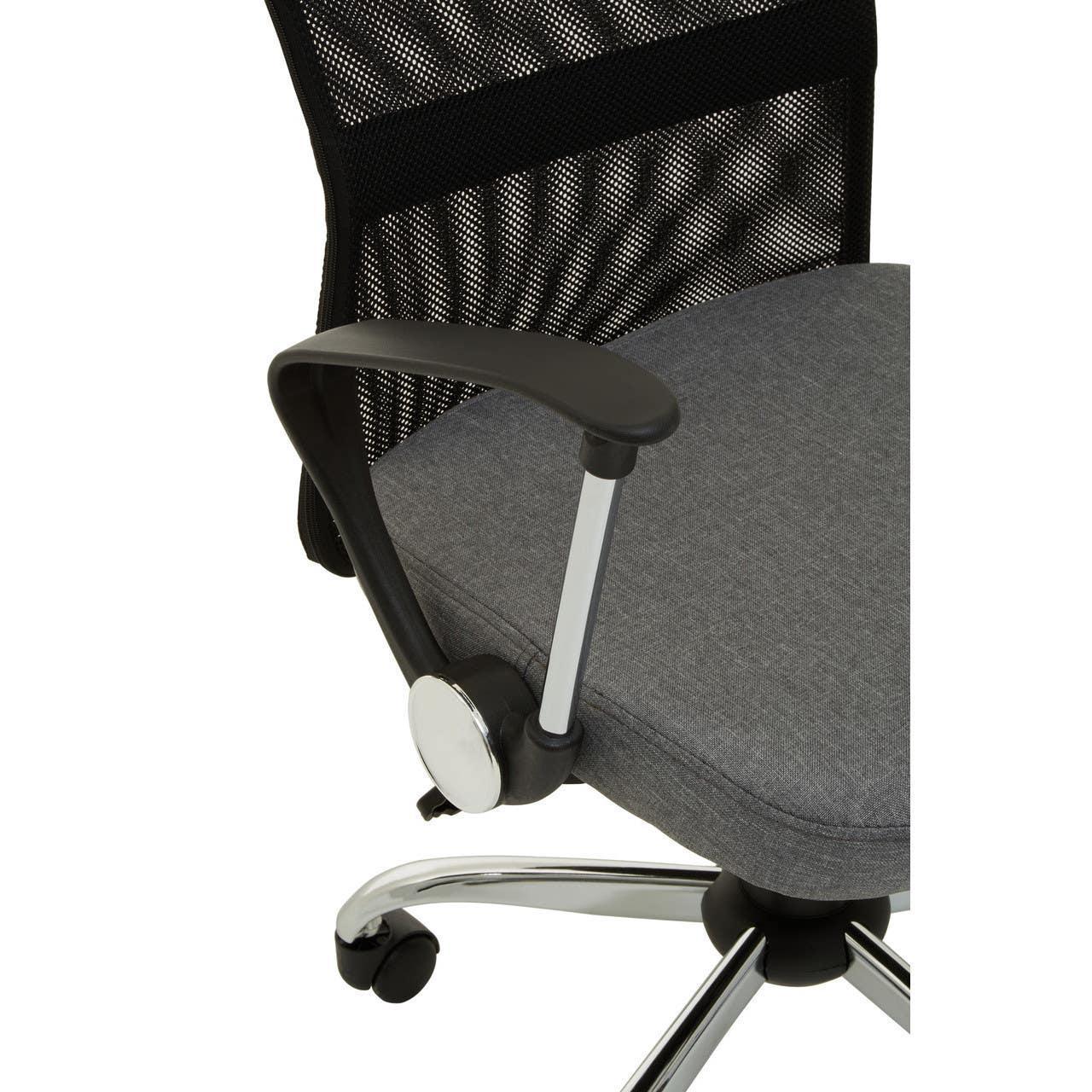 Grey mesh office chair with padded seat, black armrest and chrome base on castors