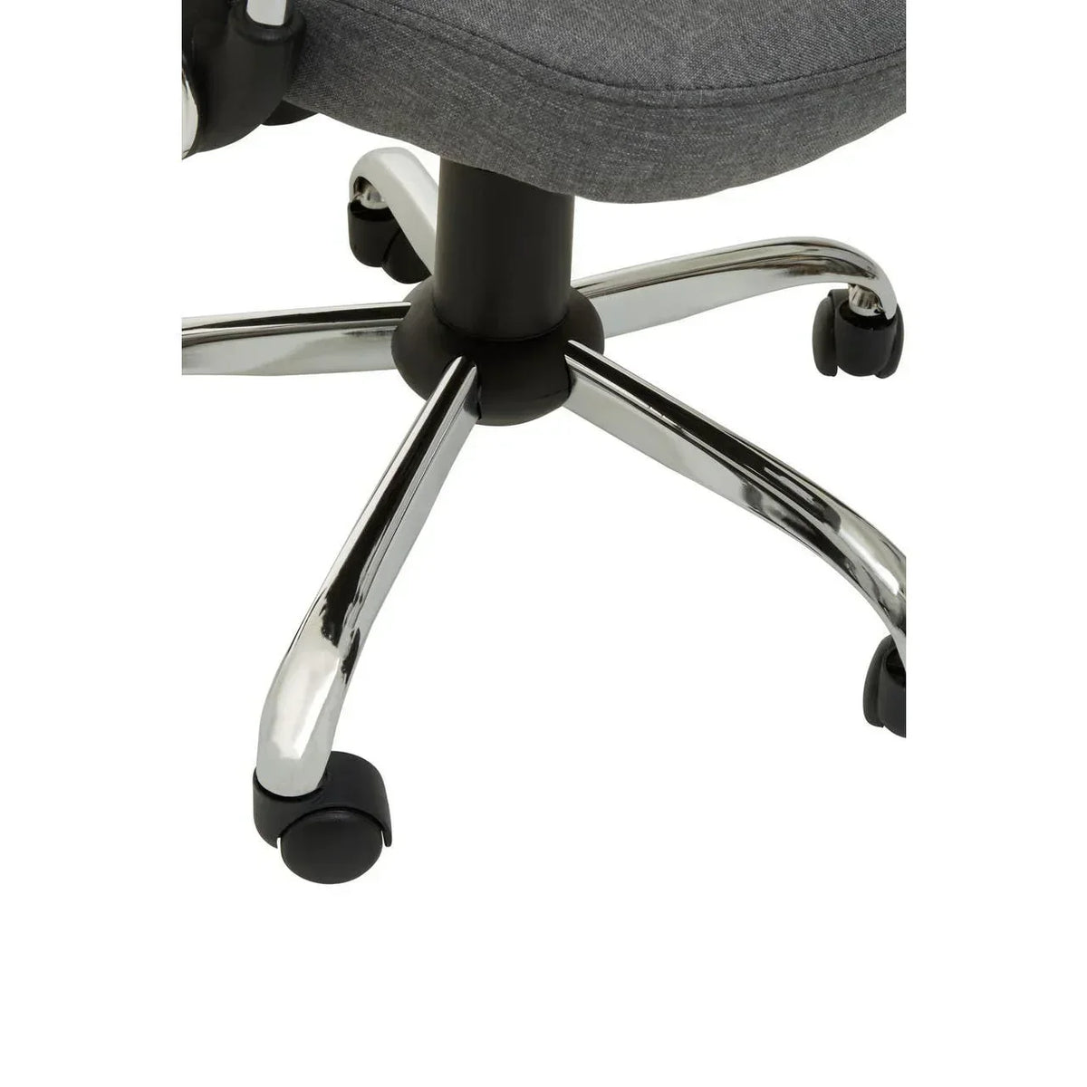 Grey office chair with chrome swivel base and black caster wheels close-up