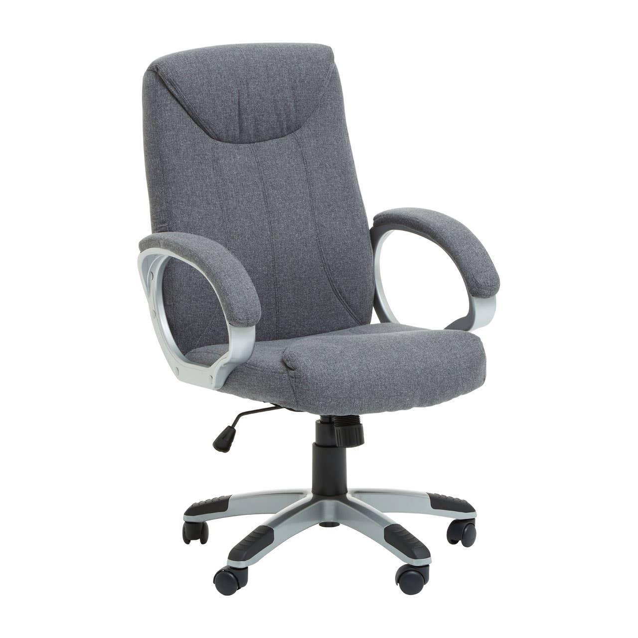Grey fabric office chair with padded armrests and five-star wheeled base