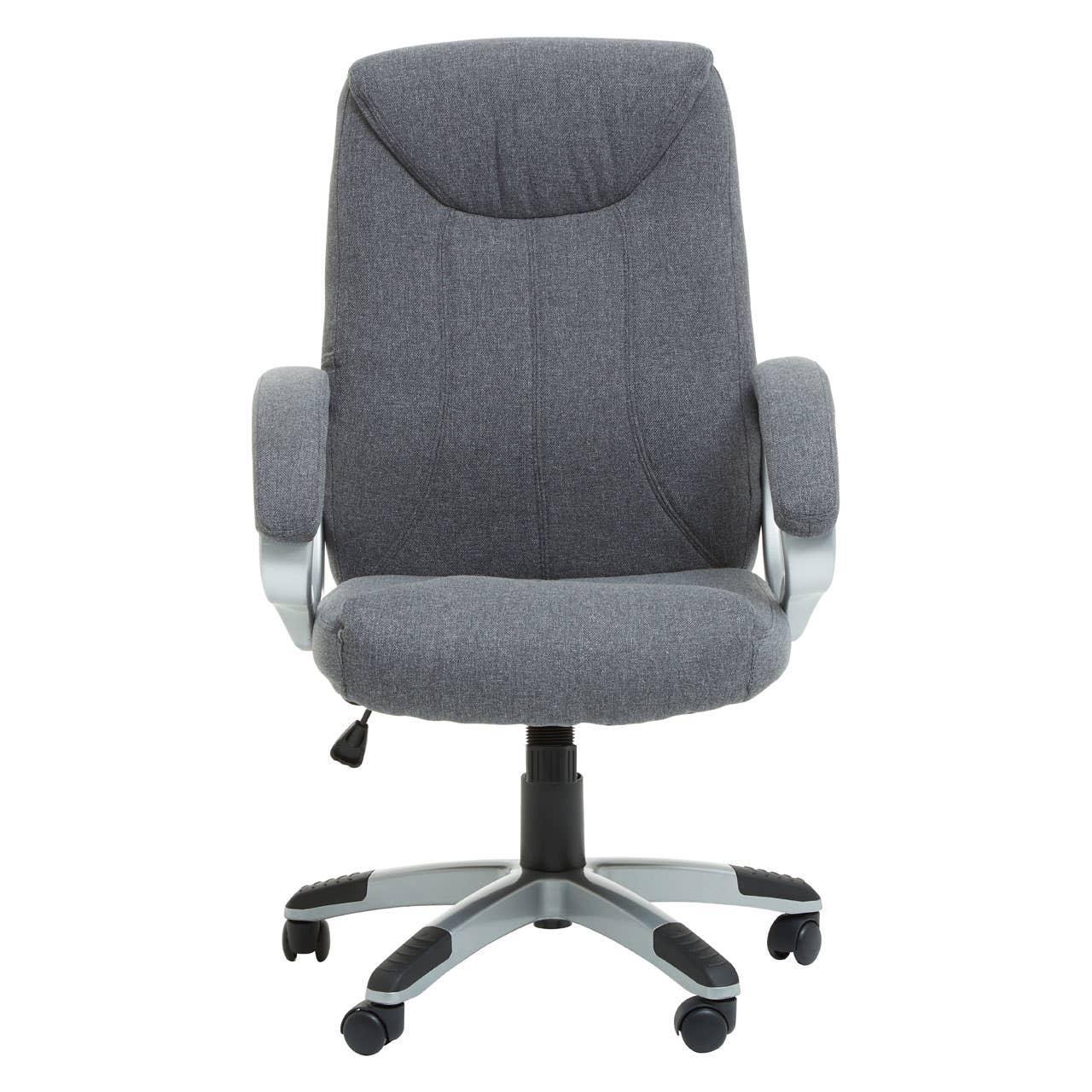 Grey fabric office chair with padded armrests and swivel base on castor wheels, front view