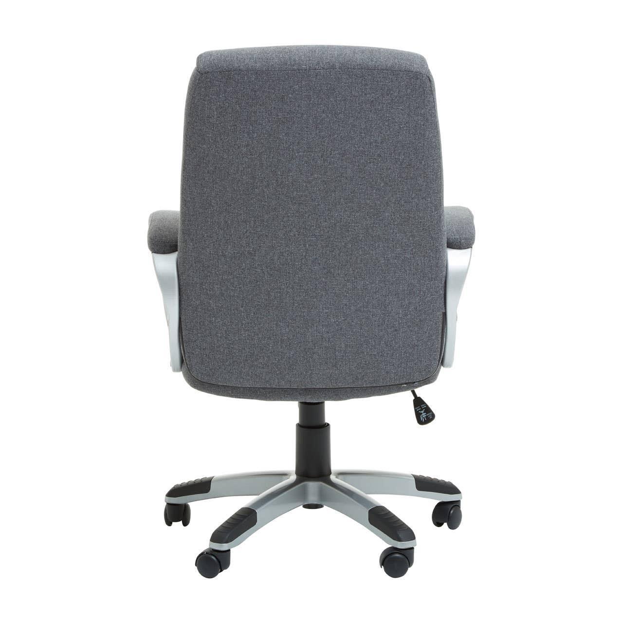 Grey fabric office chair with armrests and wheeled metal base, rear view