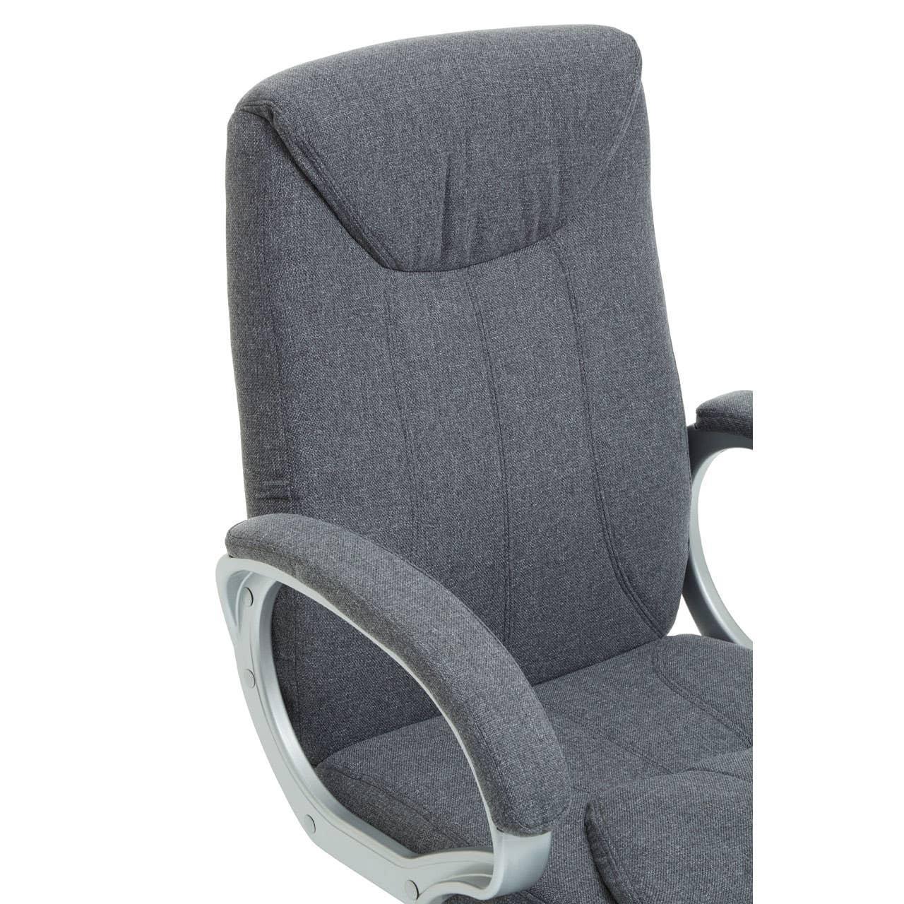 Grey fabric armchair with padded seat, high backrest and silver armrests, angled view