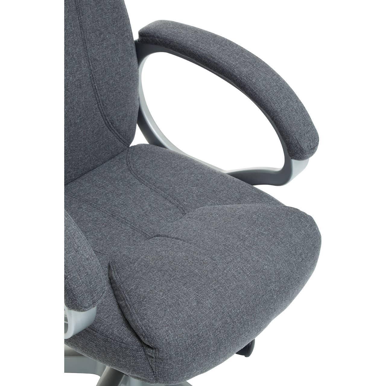 Grey fabric office chair seat and padded armrest close-up