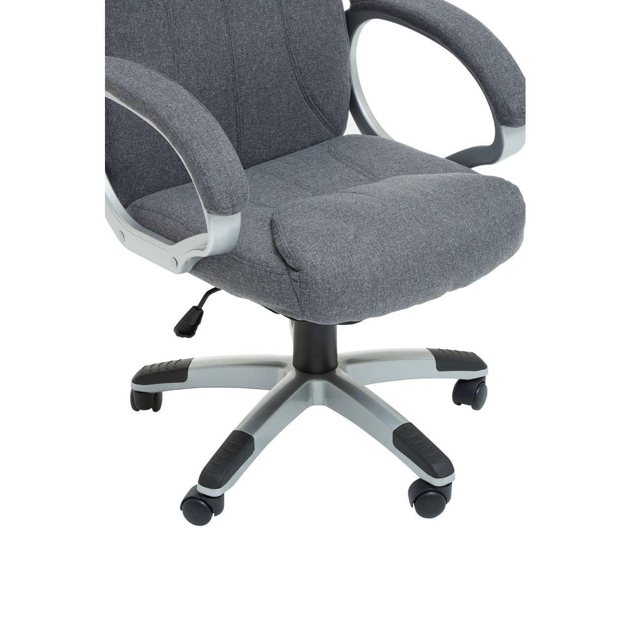 Grey fabric office chair with cushioned seat, armrests, and five caster wheels