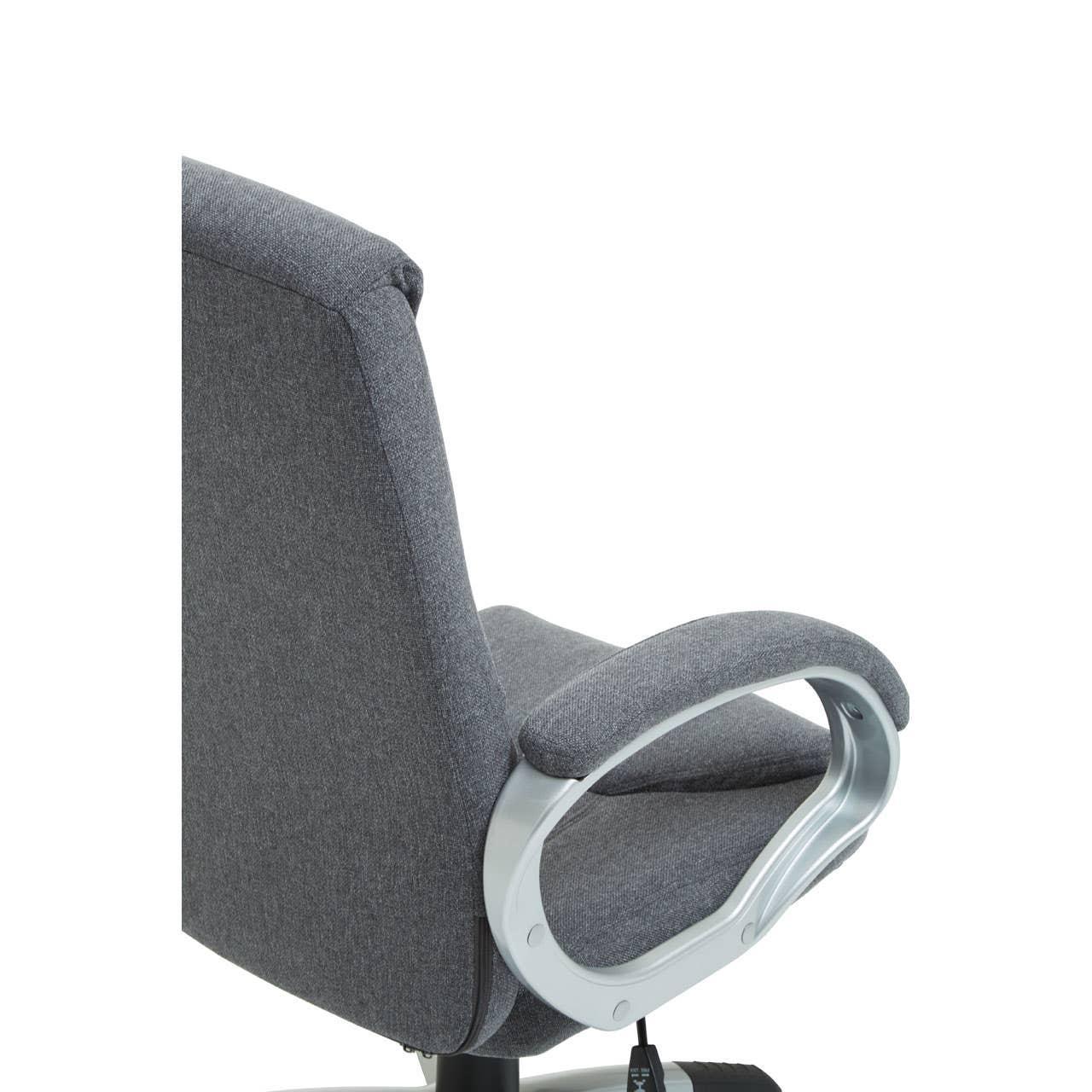 Grey fabric office chair with padded armrest and silver frame, rear side view