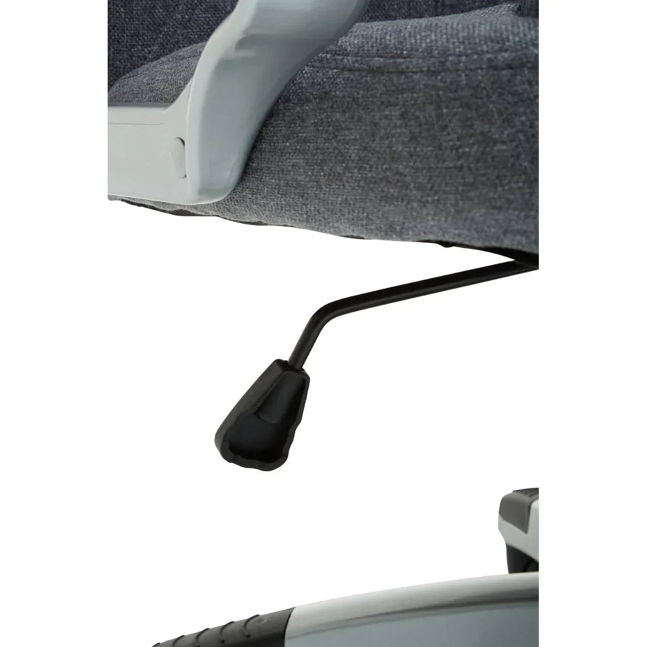 Office chair seat with grey fabric and adjustable lever close-up