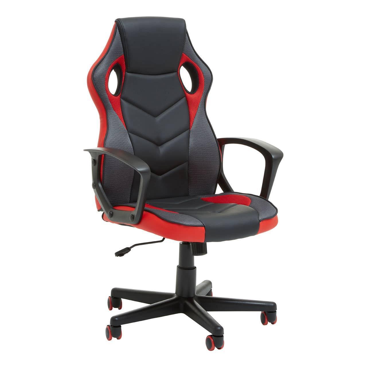 Black and red gaming office chair with padded seat, armrests and adjustable height