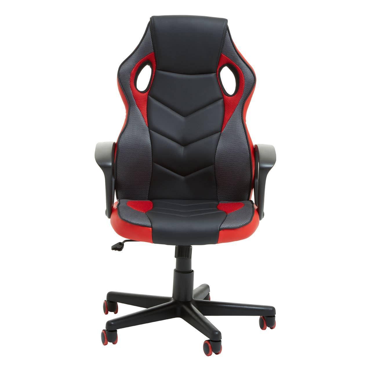 Black and red gaming chair with padded seat, armrests, and swivel base, front view