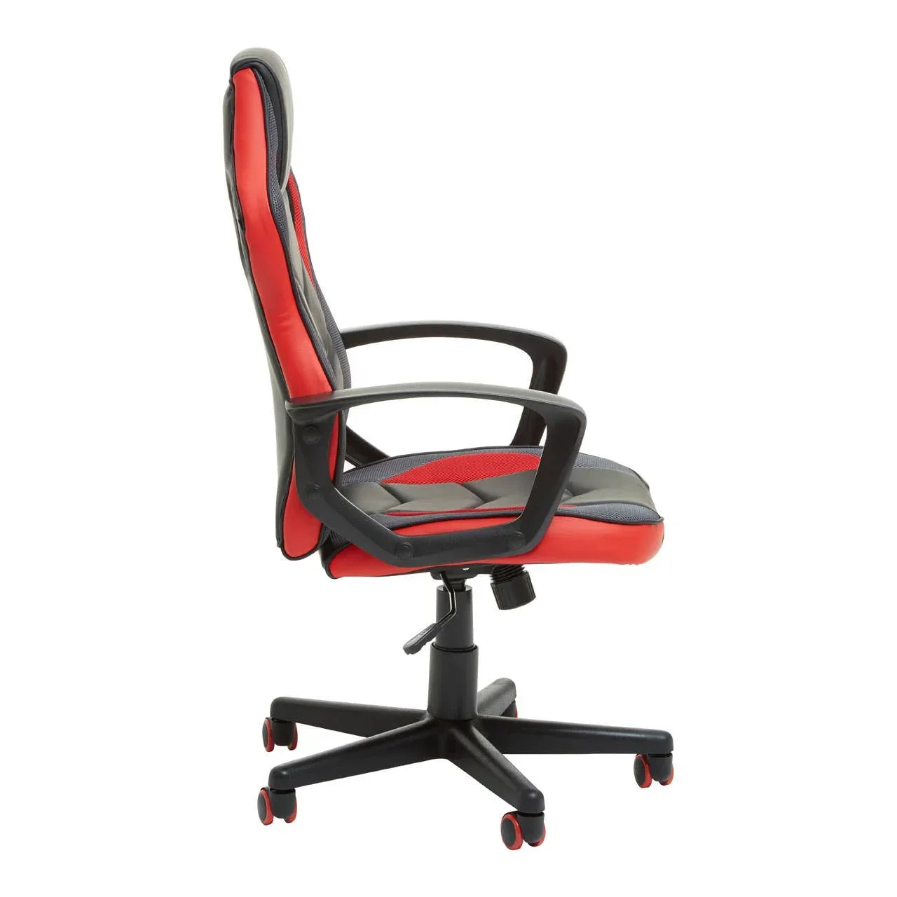 Red and black ergonomic office chair with armrests and adjustable height, side view