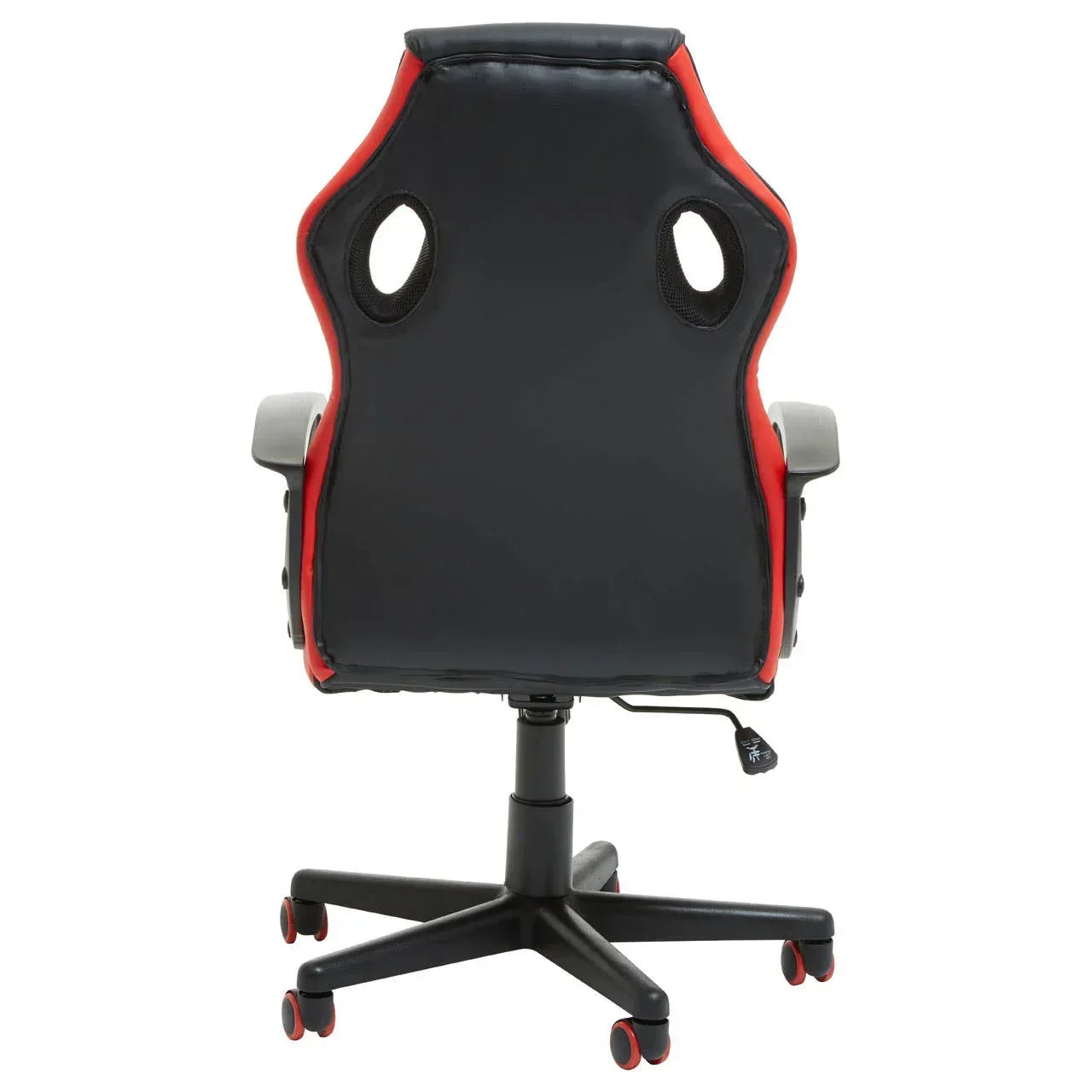Black and red gaming chair rear view with adjustable armrests and caster wheels