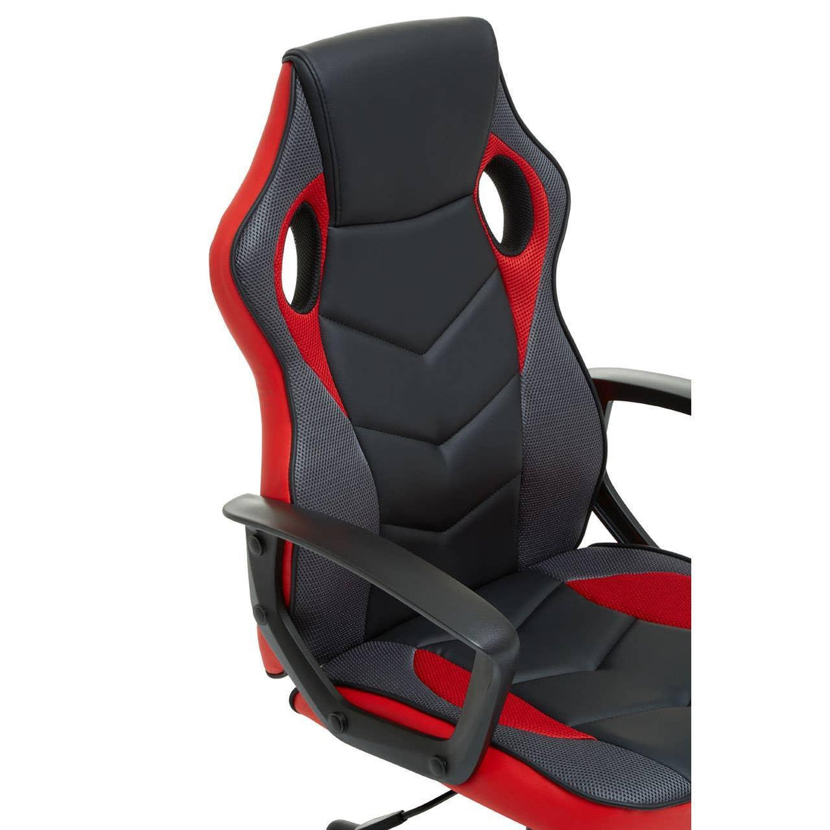 Black and red gaming chair with mesh panels and padded armrests, close-up view
