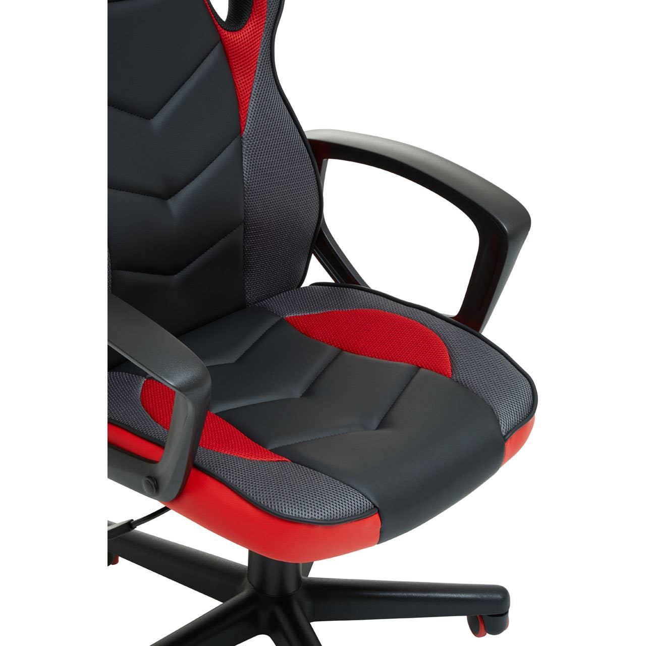 Black and red gaming chair with padded seat and mesh fabric, close-up view