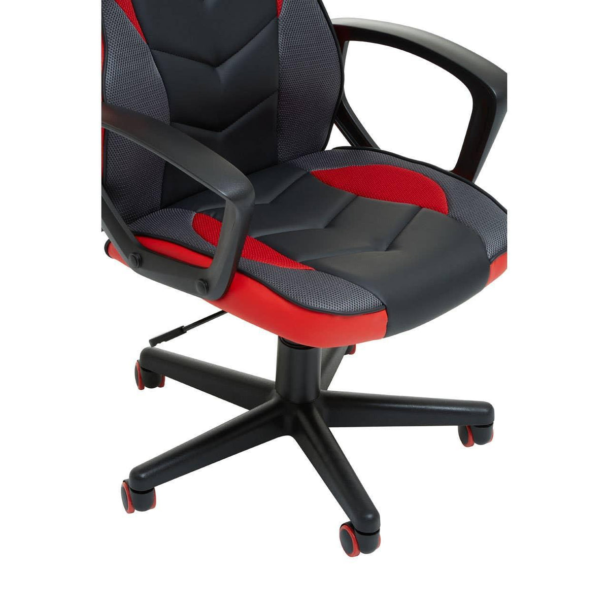 Black and red office chair with armrests and mesh detailing on five-wheel base
