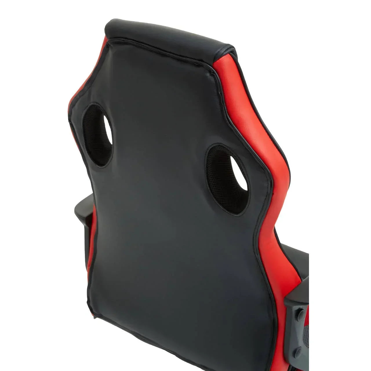 Black and red gaming chair backrest with ventilation holes and padded edges