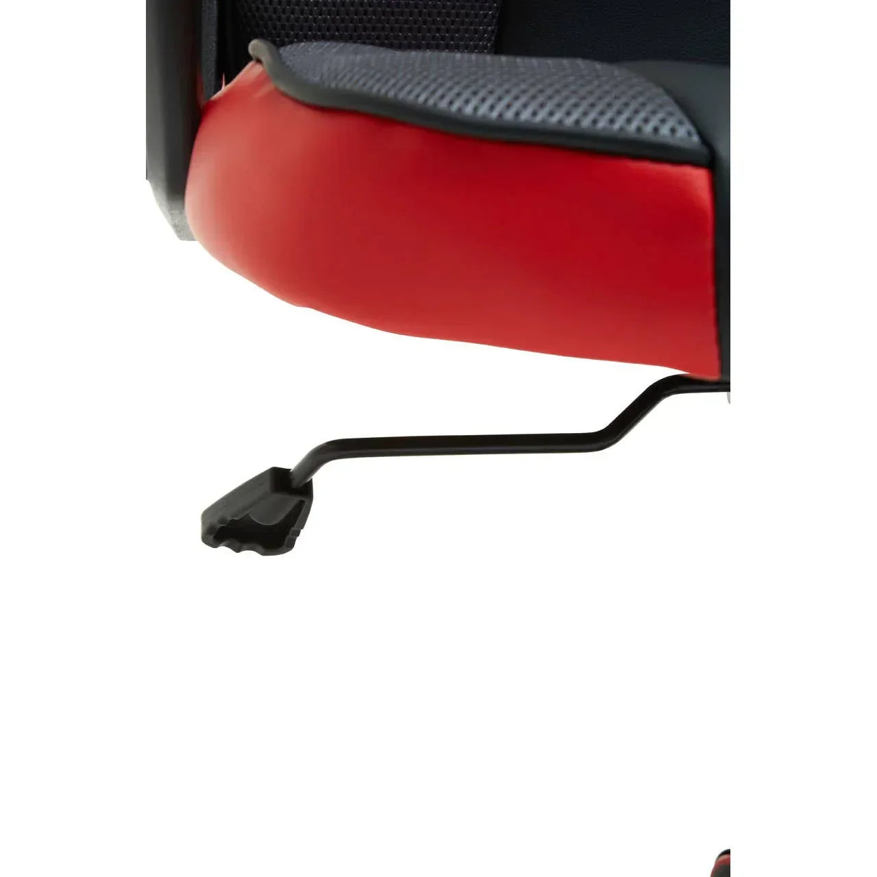 Red and black gaming chair seat with visible adjustment lever