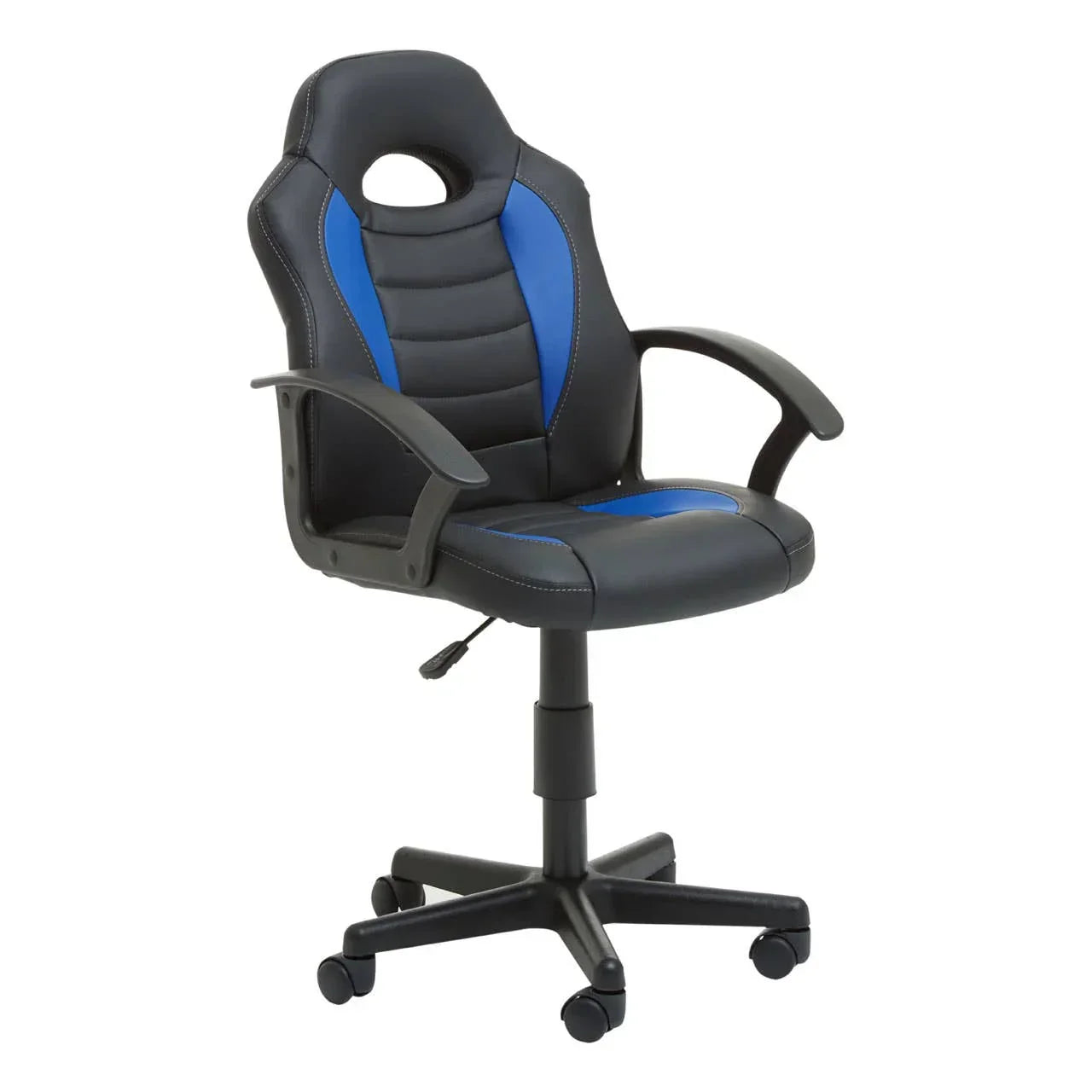 Black and blue faux leather office chair with armrests and adjustable height on castor wheels