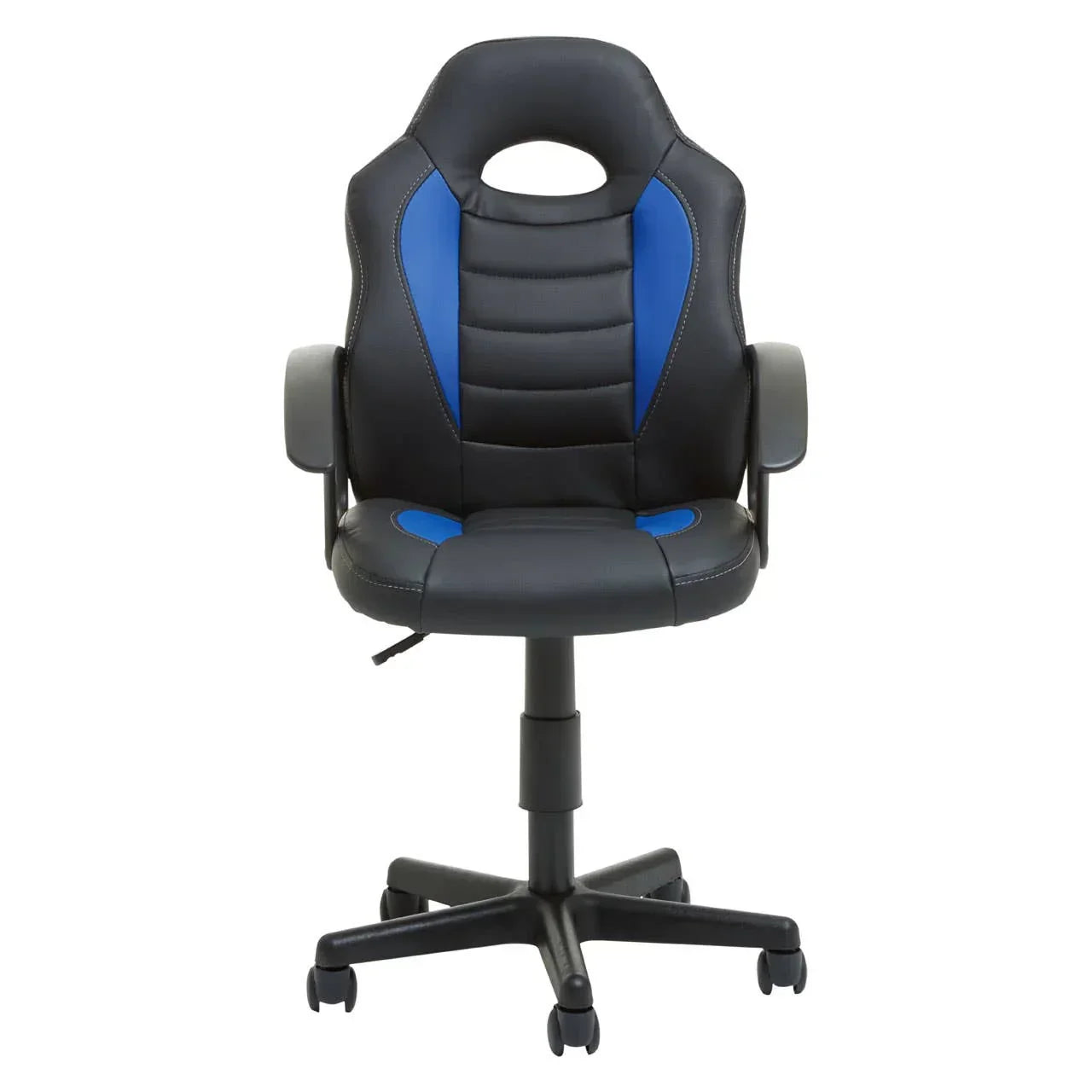 Black and blue gaming chair with padded seat, armrests, and adjustable swivel base