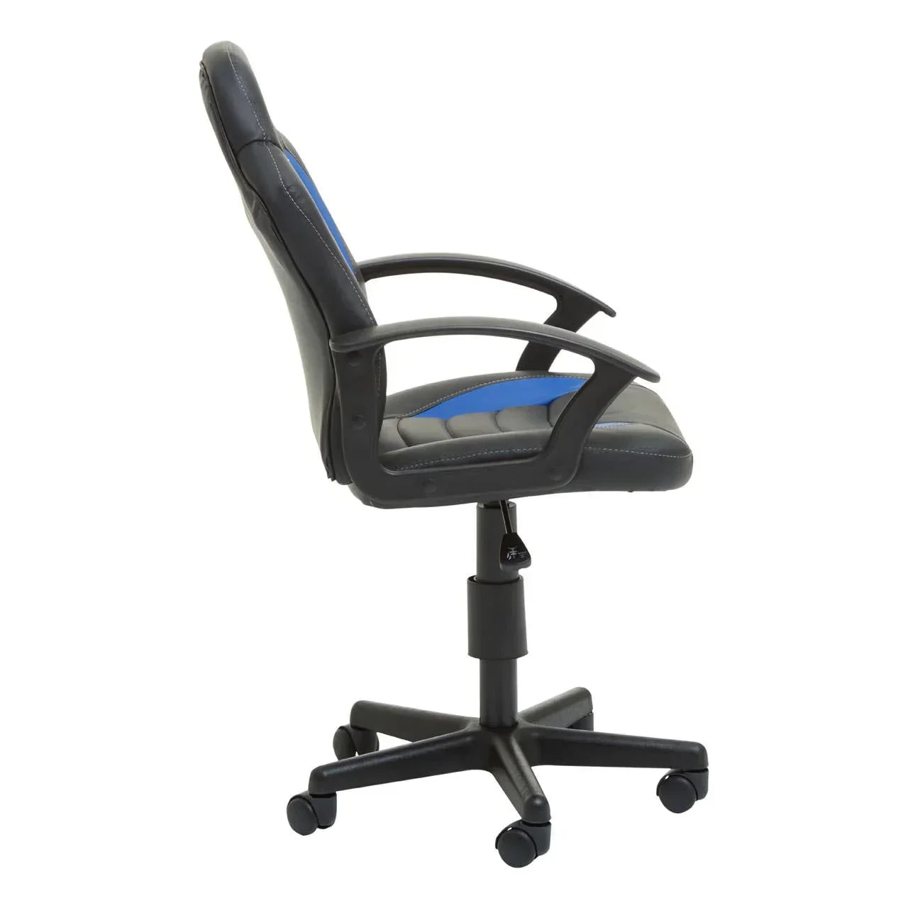 Black and blue office chair with padded seat, armrests, and wheeled base side view