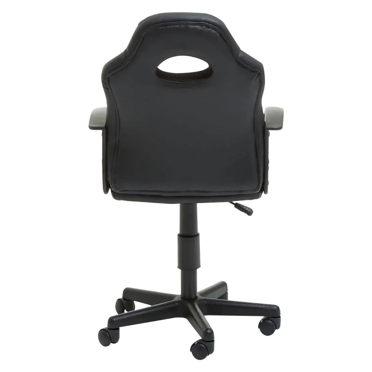 Black faux leather office chair with armrests and wheels, rear view