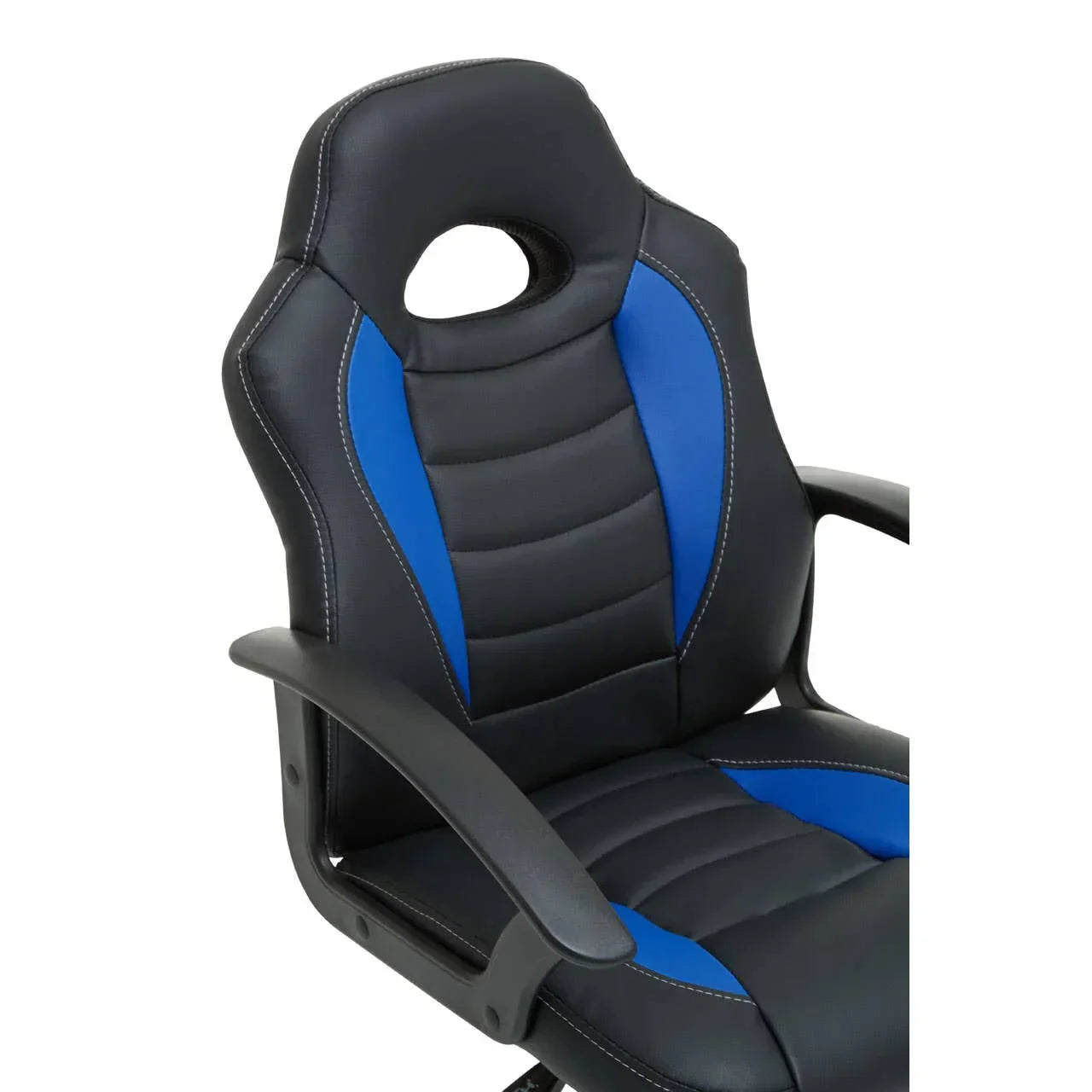 Black and blue gaming chair with padded seat, ergonomic backrest, and plastic armrests